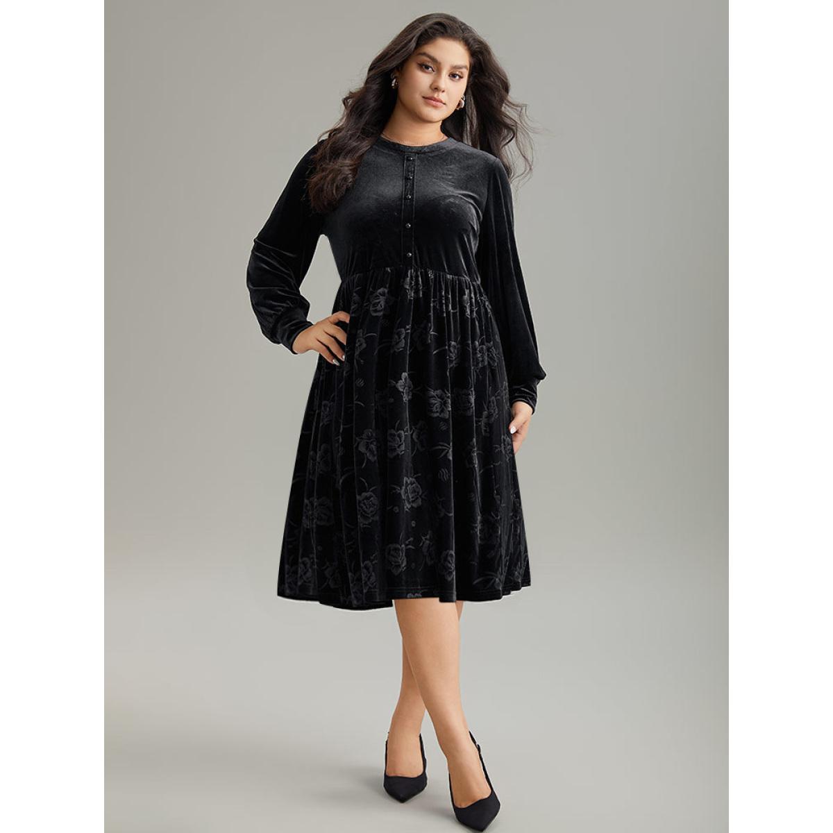 Plus Size Solid Velvet Button Detail Pocket Dress Black Women Office Plain Round Neck Long Sleeve Curvy Midi Dress BloomChic 18-20/2X Product Image