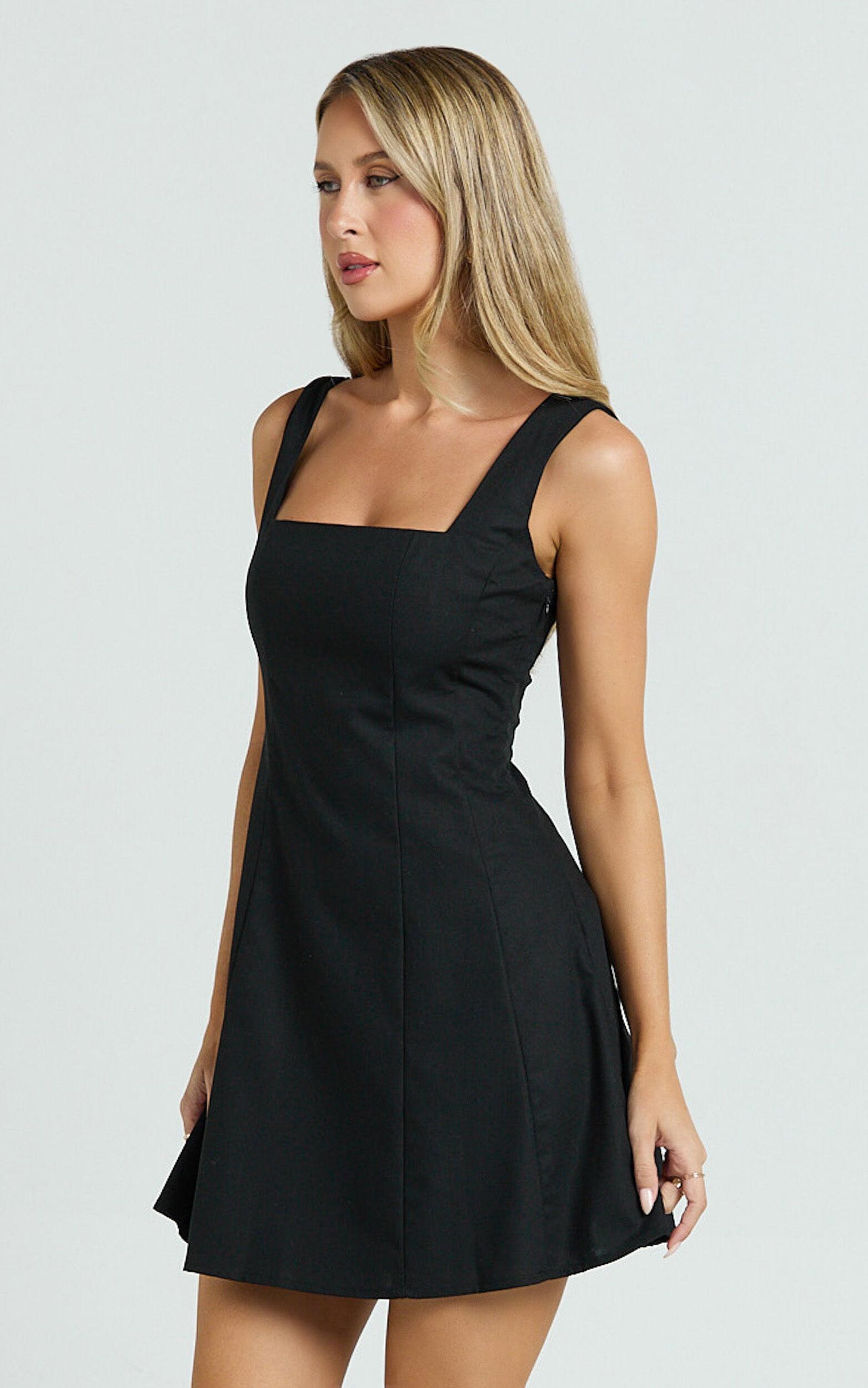 Adiana Mini Dress - Linen Square Neck Shirred Back A Line Dress in Black Product Image