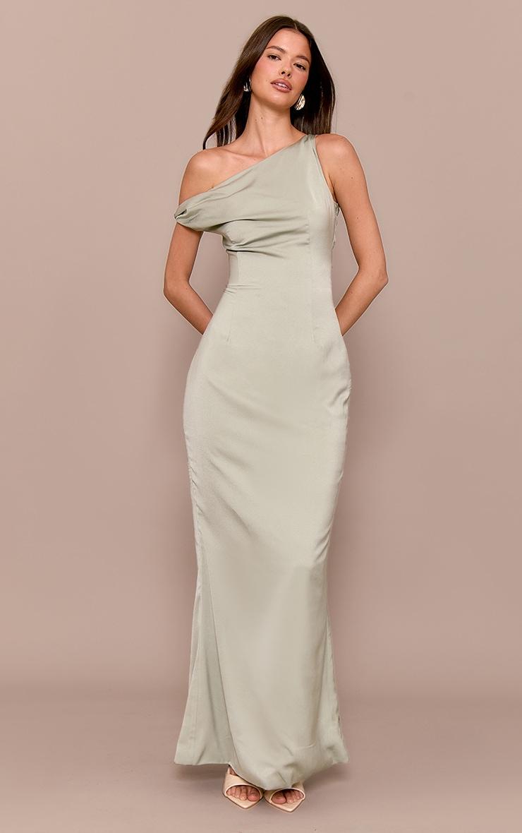 Sage Green Satin Asymmetric Bardot Twist Maxi Dress Product Image