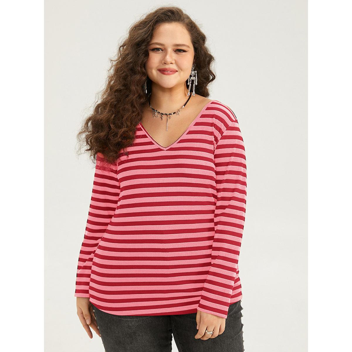 Plus Size Halloween V Neck Contrast Striped T-shirt Red Women Casual Contrast Striped V-neck Festival-Halloween T-shirts BloomChic 18-20/2X Product Image