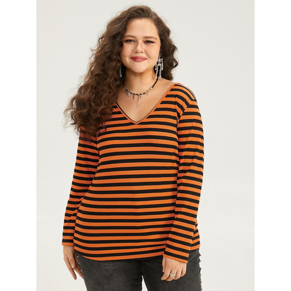 Plus Size Halloween V Neck Contrast Striped T-shirt Chocolate Women Casual Contrast Striped V-neck Festival-Halloween T-shirts BloomChic 18-20/2X Product Image