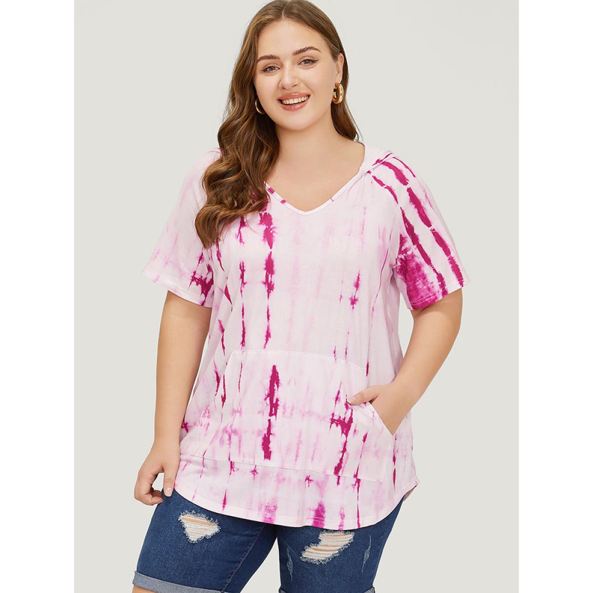 Plus Size Tie Dye Curved Hem Pocket Hooded T-shirt Multicolor Women Casual Arc Hem Tie Dye Hooded Dailywear T-shirts BloomChic 22-24/3X Product Image