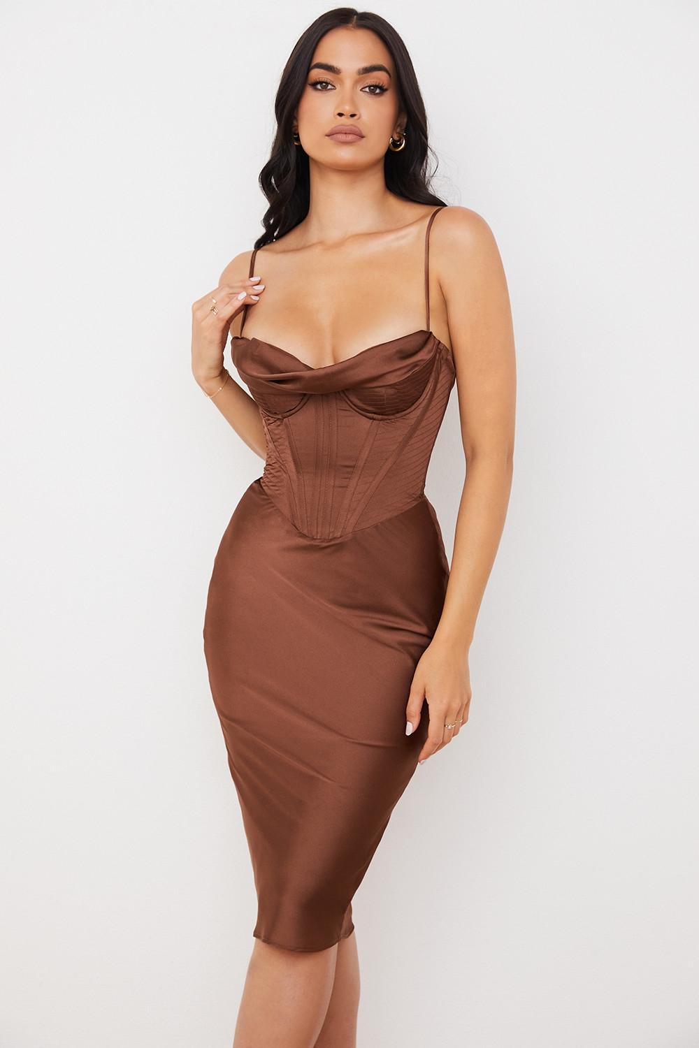 Myrna  chocolate satin corset slip dress Product Image
