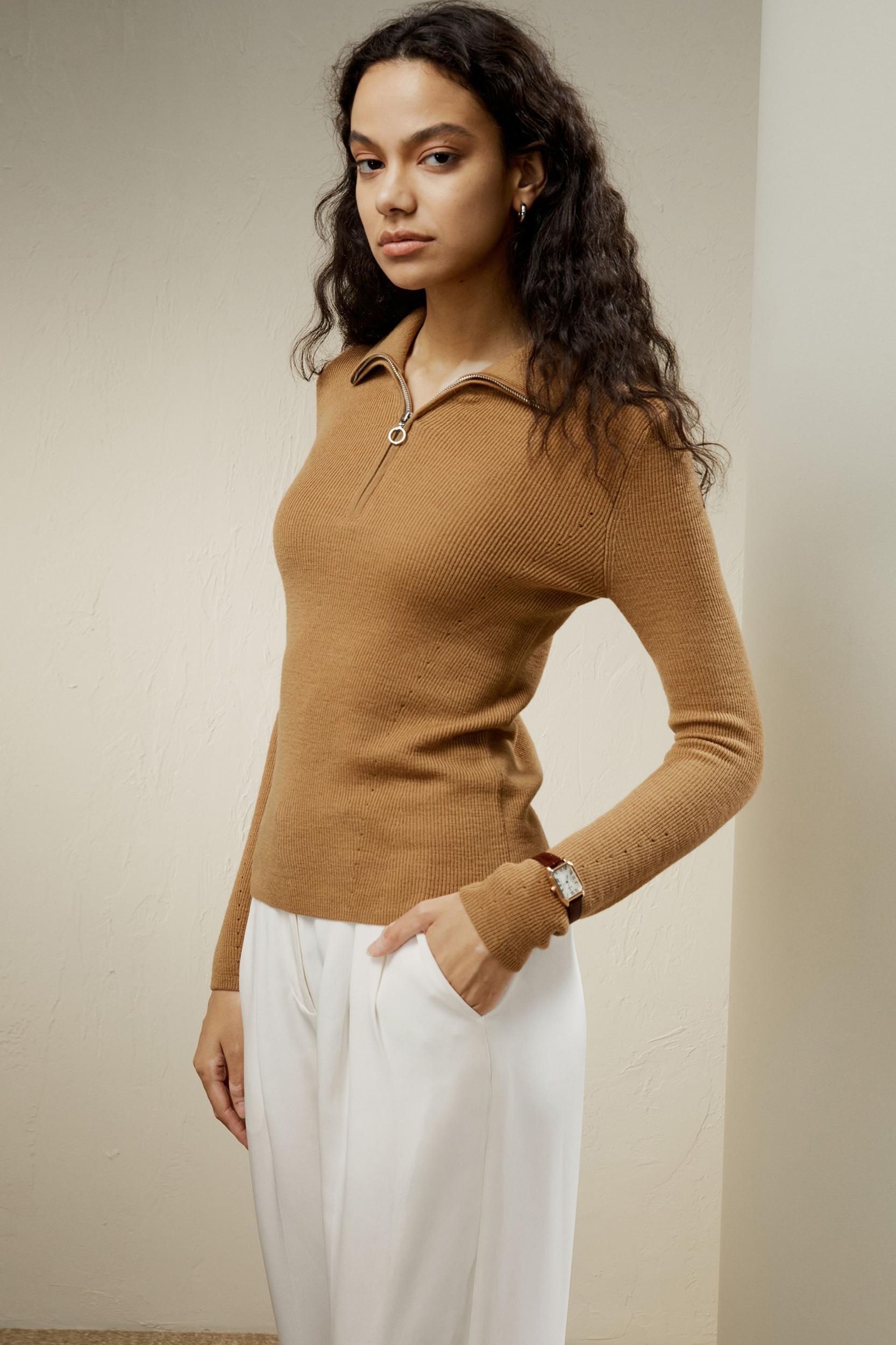 Gaia Ribbed Half Zip Ultra-fine Merino Wool Sweater Product Image