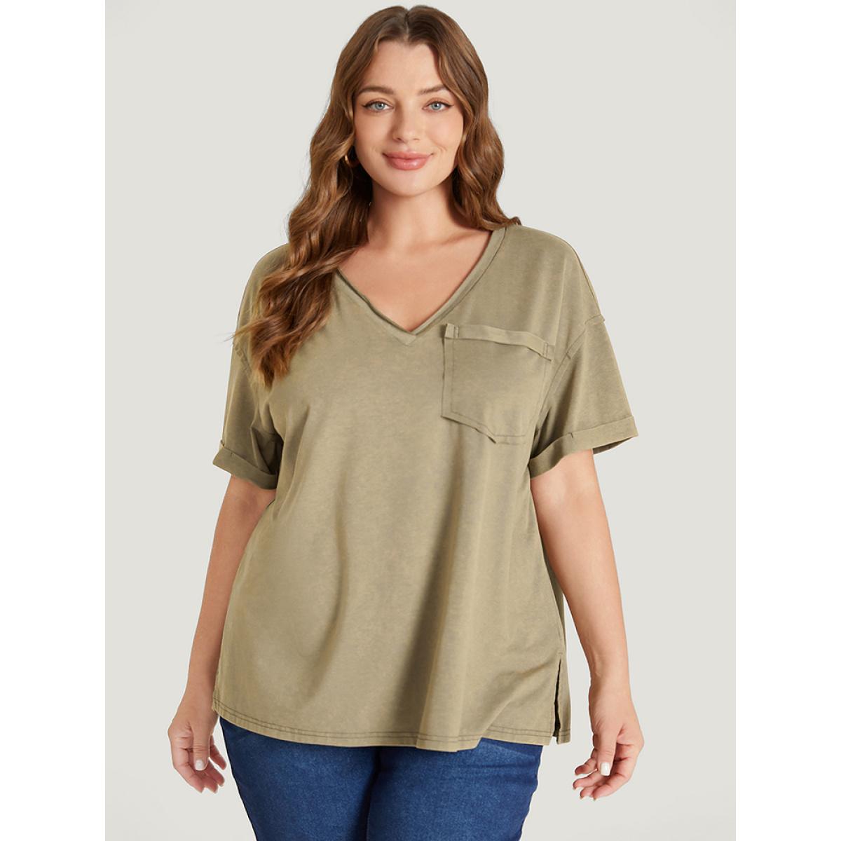 Plus Size Solid Vintage Roll Sleeve Pocket Split Hem T-shirt Sage Women Casual Slit Plain V-neck Dailywear T-shirts BloomChic 10/M Product Image