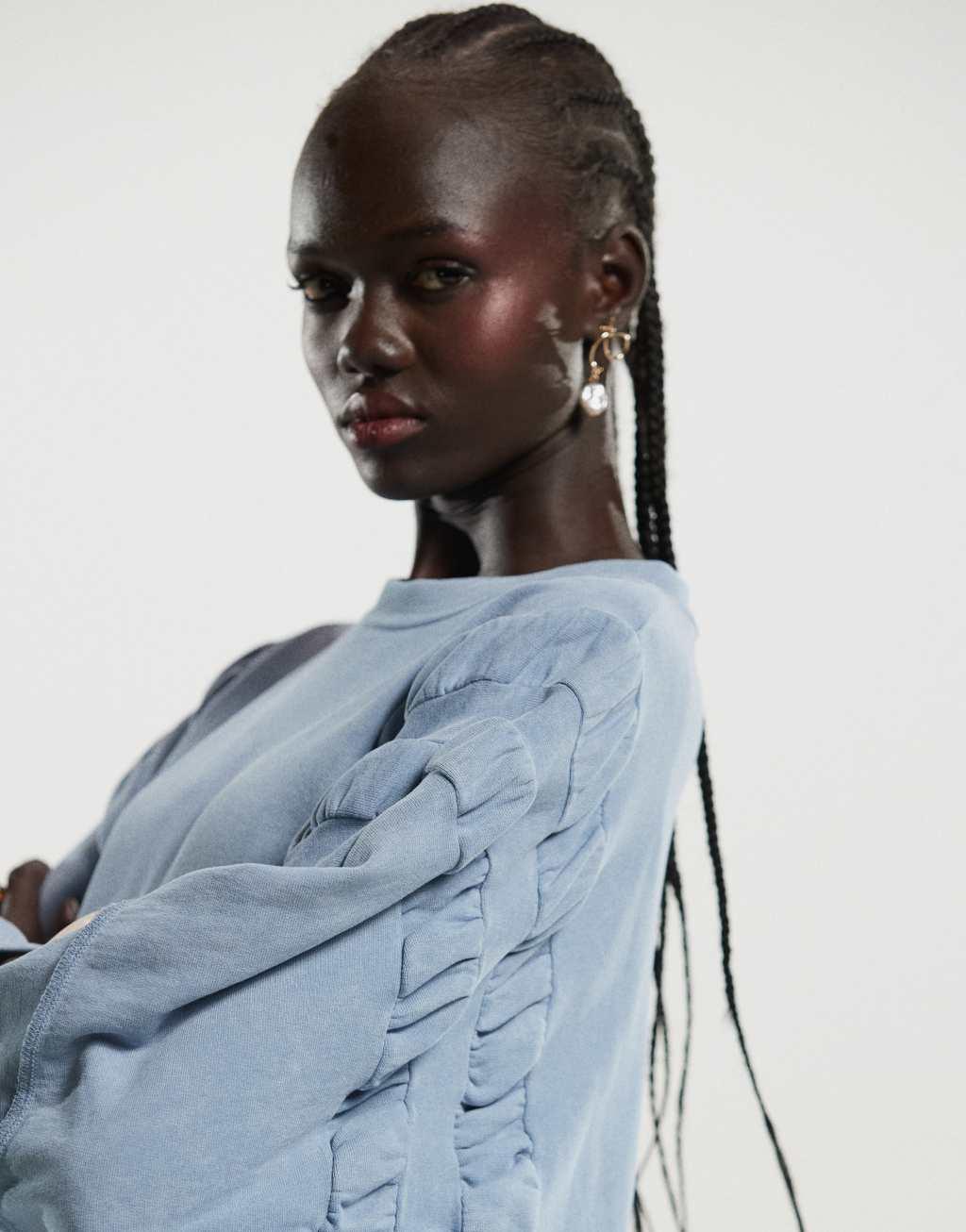 ASOS DESIGN ruched sleeve sweatshirt in washed blue Product Image