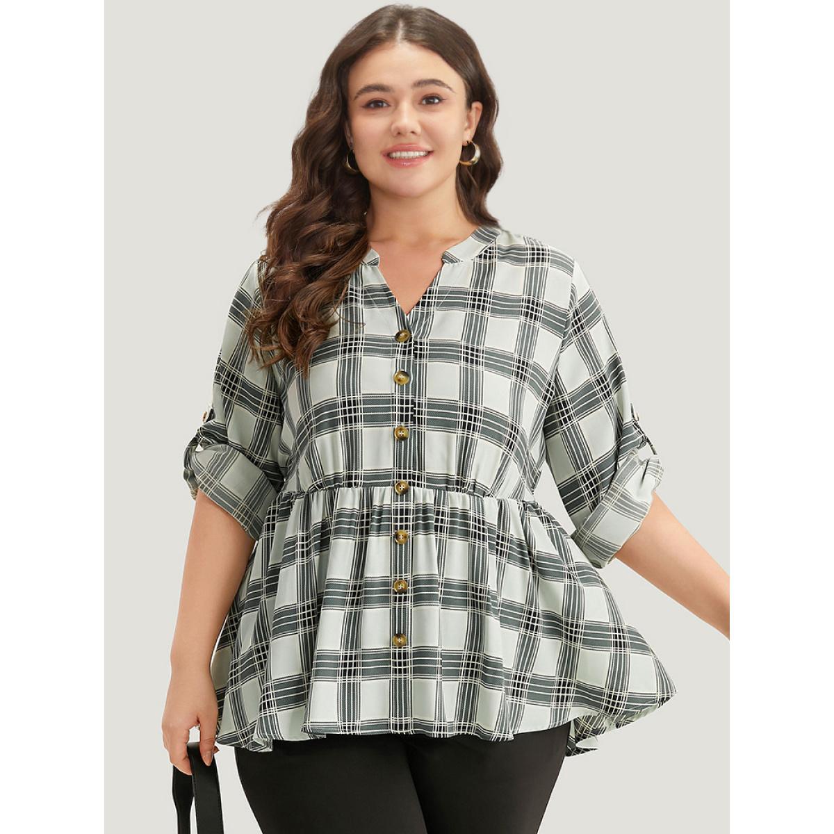 Plus Size SlateGray Plaid Notched Button Through Tab Sleeve Blouse Women Office Long Sleeve Shirt collar Work Blouses BloomChic 18-20/2X Product Image