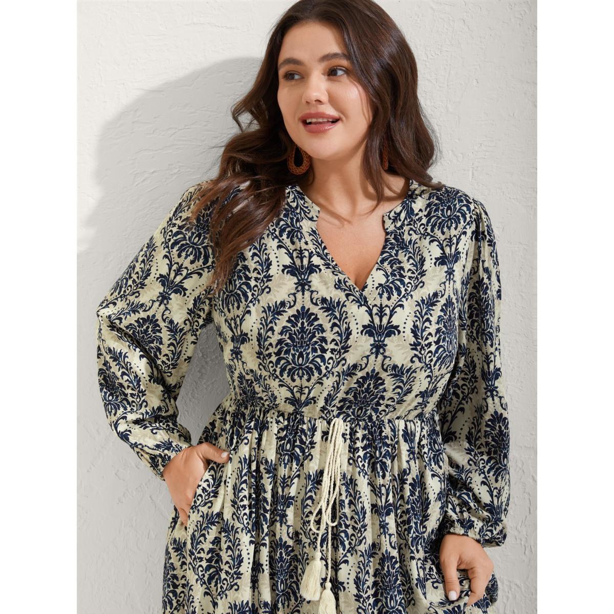Plus Size Boho Print Notched Tie Knot Maxi Dress DarkBlue Women Boho Tie knot Flat collar with V-notch Long Sleeve Curvy BloomChic 30/6X Product Image