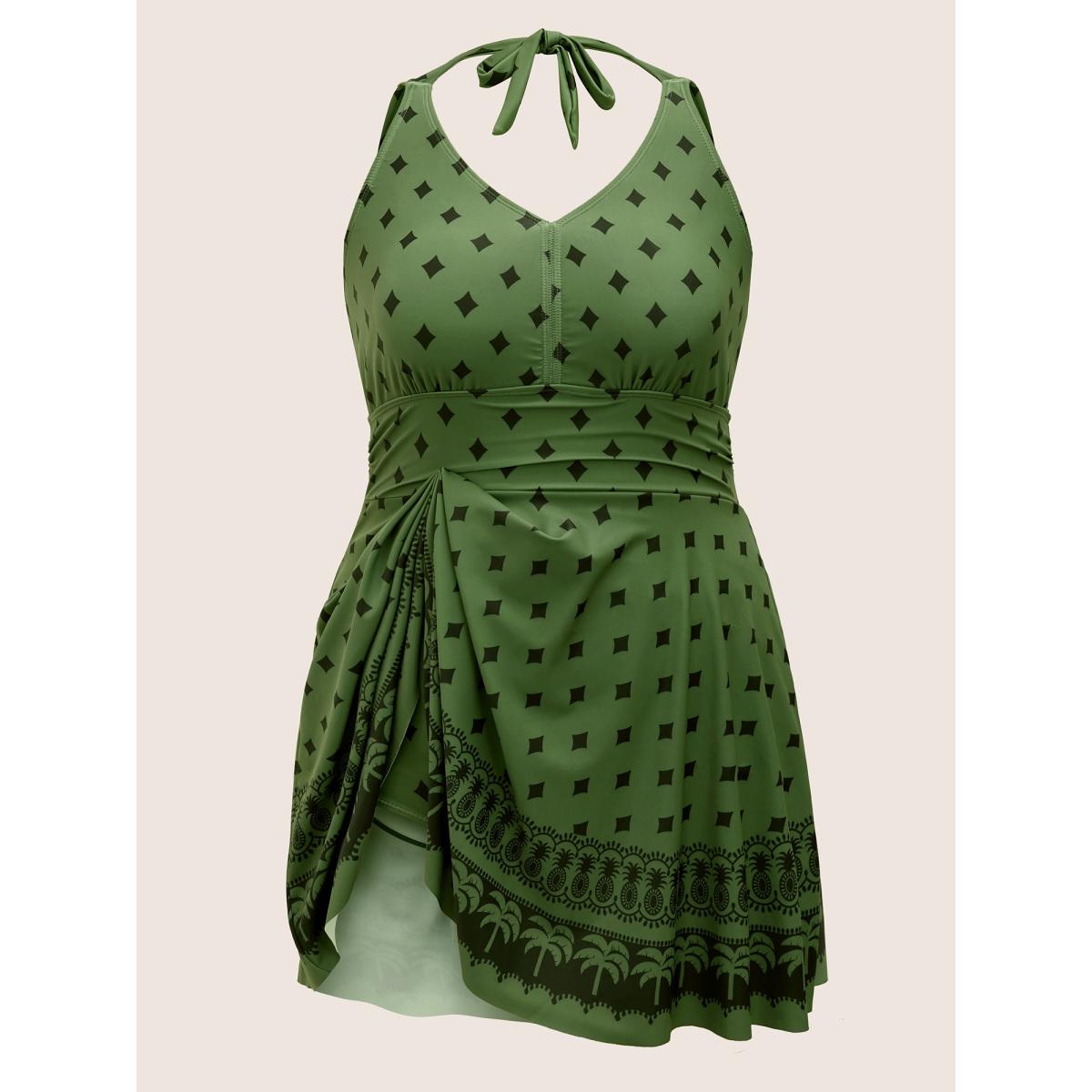 Plus Size V Neck Bandana Print Tie Knot Swim Dress Women's Swimwear Moss Beach Bodycon V-neck High stretch Curve Swim Dresses BloomChic 22-24/3X Product Image