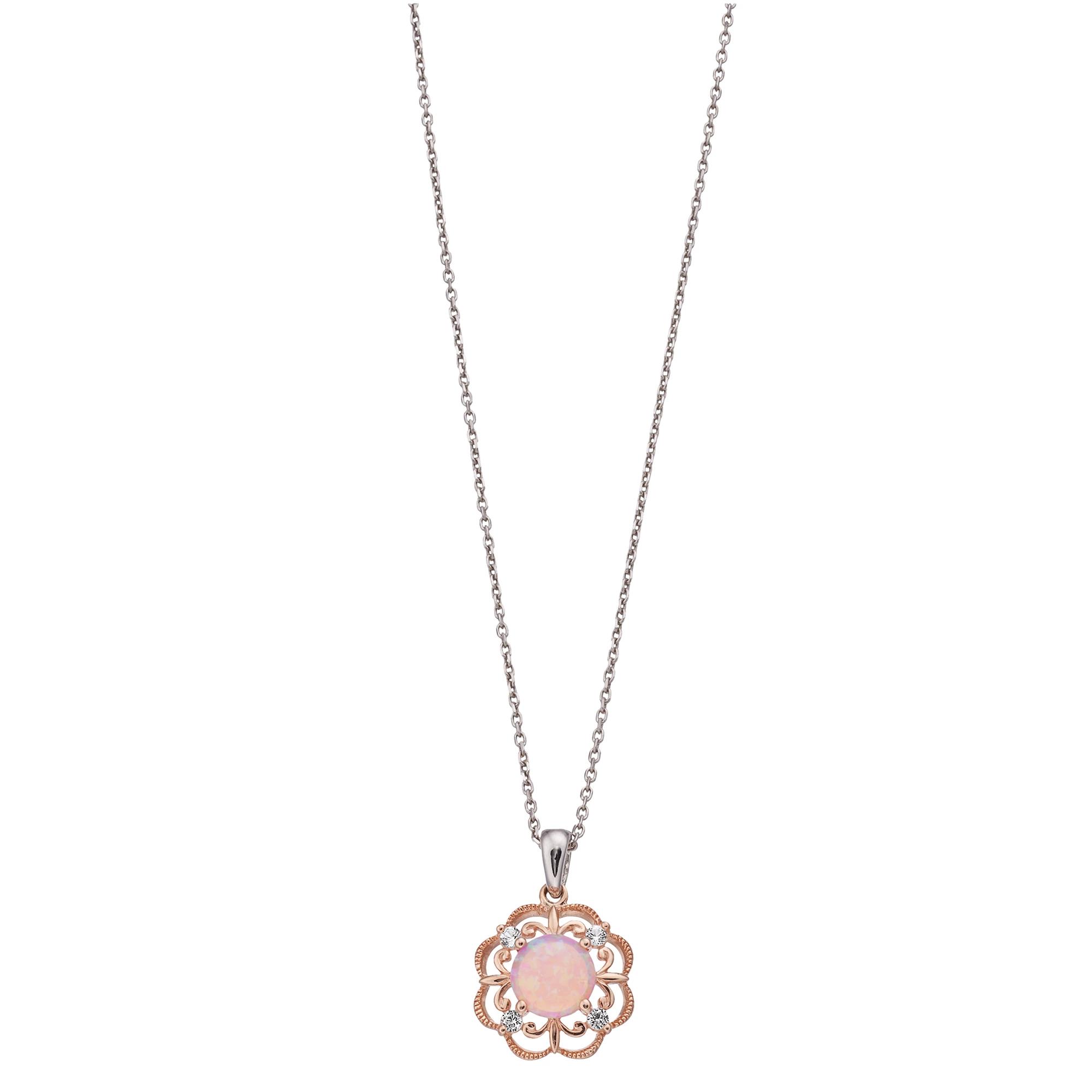 10k Gold Over Silver Lab-Created Pink Opal & Lab-Created White Sapphire Flower Pendant Necklace, Women's, Size: 18", Two Tone Product Image