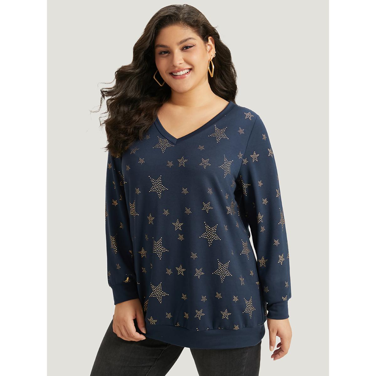 Plus Size Star Glitter Print V Neck Elastic Cuffs Sweatshirt Women Indigo Casual Elastic cuffs V-neck Dailywear Sweatshirts BloomChic 12/L Product Image