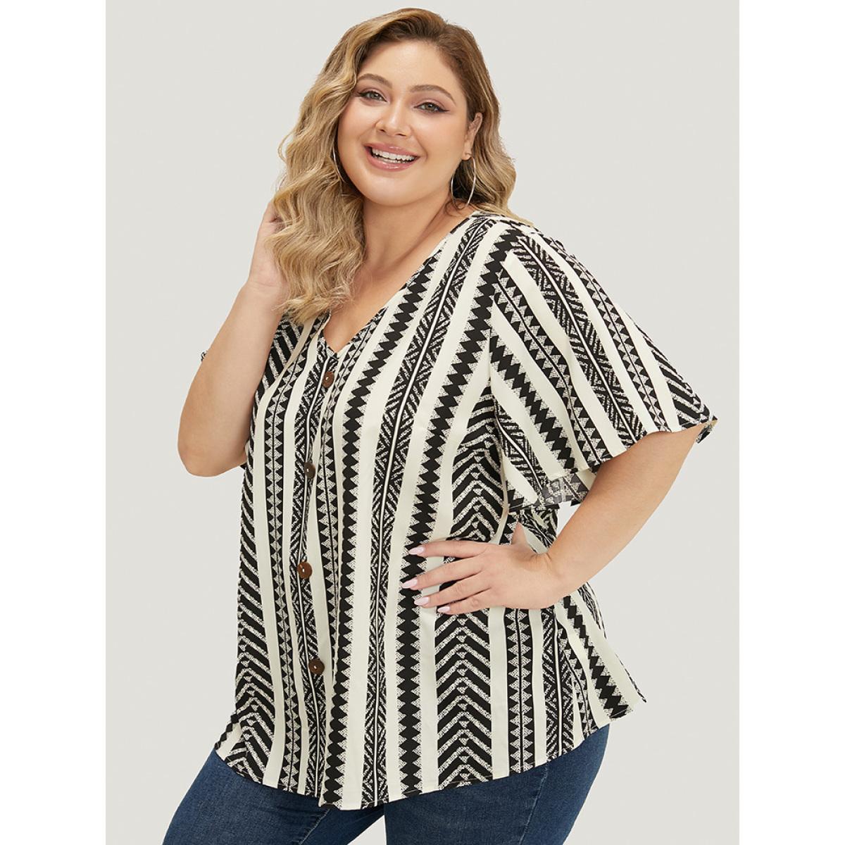 Plus Size White Geometric Print Ruffle Sleeve Button Detail Blouse Women Vacation Short sleeve V-neck Dailywear Blouses BloomChic 14-16/1X Product Image