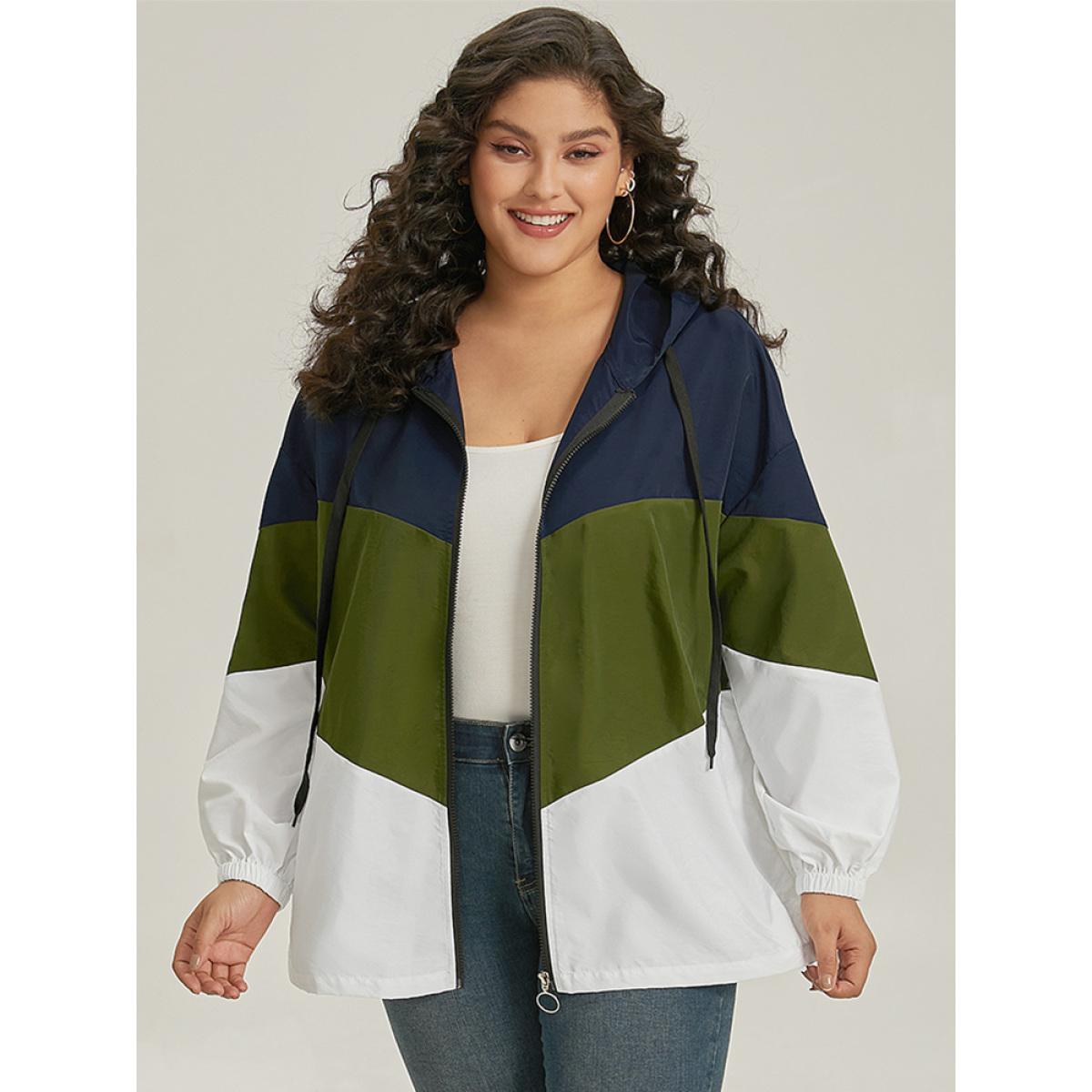Plus Size Colorblock Contrast Drawstring Hooded Zipper Jacket Women ArmyGreen Elastic cuffs Pocket Dailywear Jackets BloomChic 18-20/2X Product Image