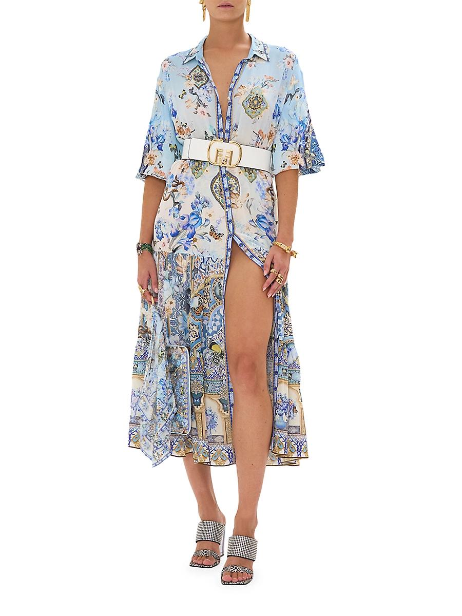 Womens Floral Silk Tiered Midi-Shirtdress Product Image