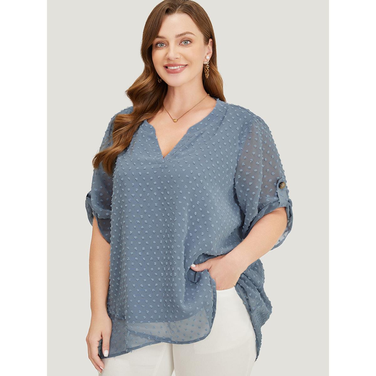 Plus Size Stone Polka Dot Crossover Hem Mesh Cuffed Sleeve Notched Blouse Women Office Half Sleeve Notched collar Dailywear Blouses BloomChic 10/M Product Image