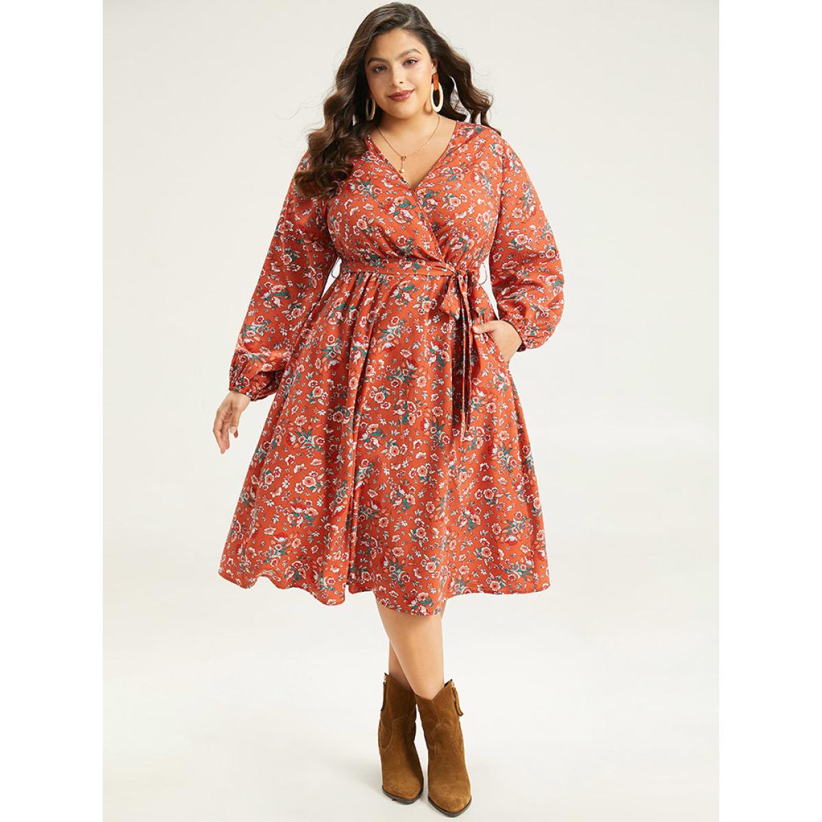 Plus Size Floral Print Belted Elastic Cuffs Dress Rust Women Elegant Elastic cuffs V-neck Long Sleeve Curvy Midi Dress BloomChic 28/5X Product Image