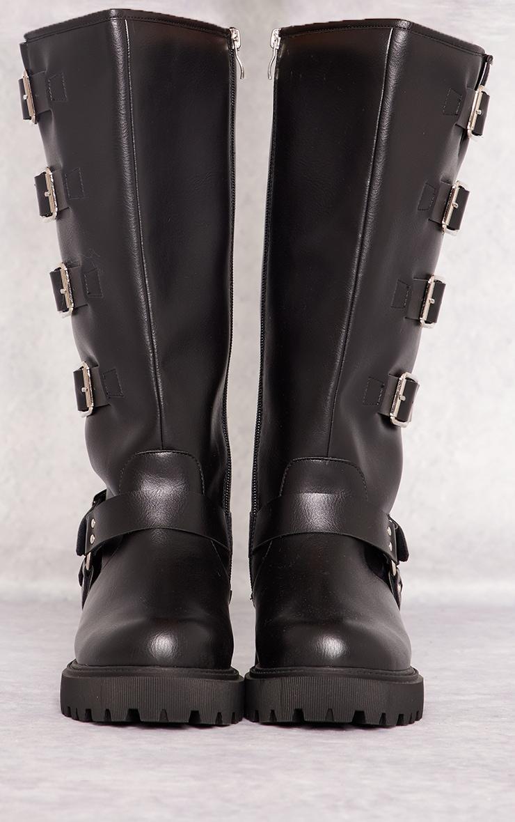 Black Wide Fit PU Round Toe Multi Buckle Calf High Boots  Product Image