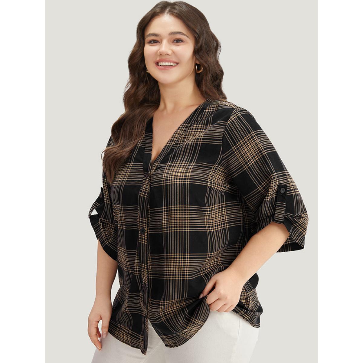 Plus Size Indigo Plaid Button Through Roll Tab Sleeve Blouse Women Office Half Sleeve V-neck Office Blouses BloomChic 18-20/2X Product Image