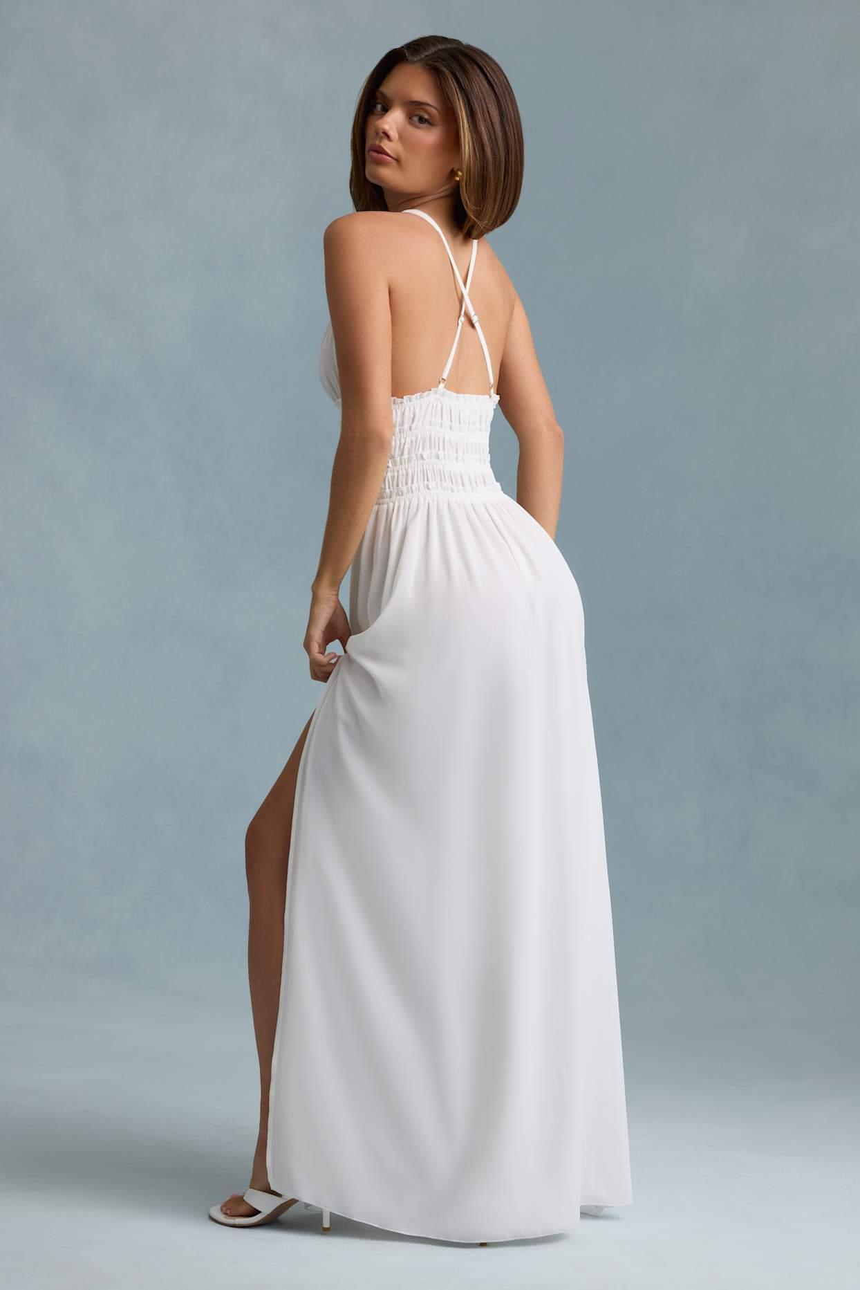 Plunge Cross-Back Maxi Dress in White Product Image