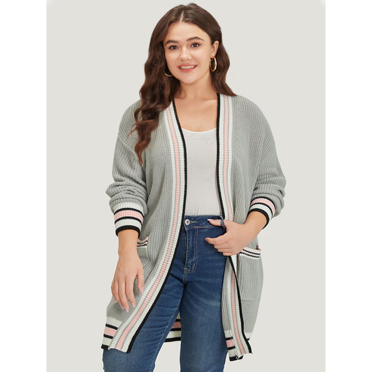 Plus Size Striped Contrast Drop Shoulder Elastic Cuffs Cardigan LightGray Women Casual Loose Long Sleeve Dailywear Cardigans BloomChic 12/L Product Image