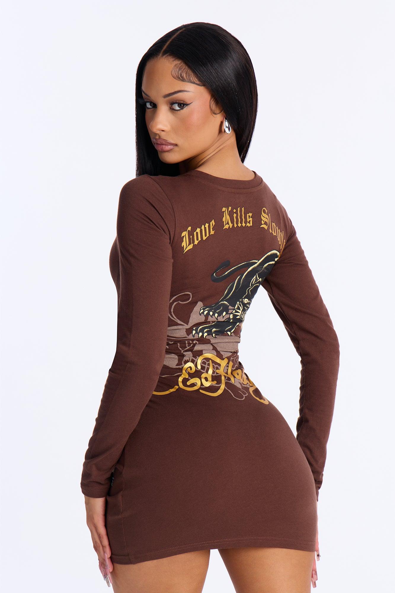 Ed Hardy Love Kills Slowly Skull Long Sleeve Mini Dress - Chocolate Female Product Image