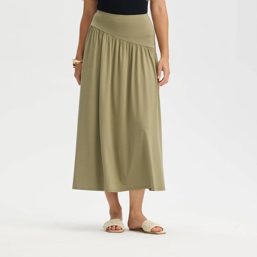 Women's Ruched Midi A-Line Skirt - A New Day™ Medium Green XS Product Image