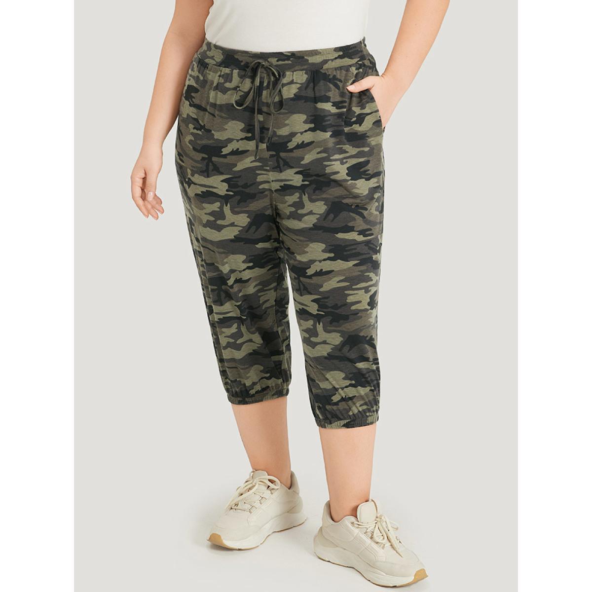 Camo Drawstring High Rise Pocket Cropped Sweatpants ArmyGreen Plus Size Women Casual Dailywear Cross straps 10/M Bloomchic Product Image