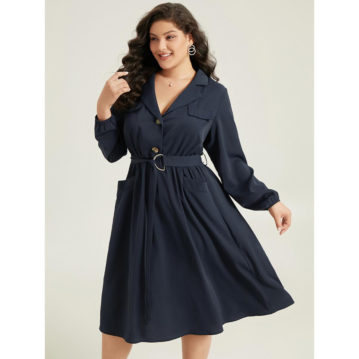 Plus Size Anti-Wrinkle Suit Collar Pocket Belted Shirt Dress Navy Women At the Office Gathered Suit Collar Long Sleeve Curvy Midi Dress BloomChic 10/M Product Image