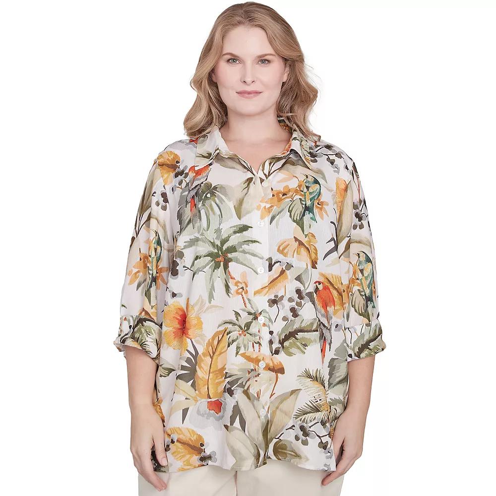 Plus Size Alfred Dunner Tropical Bird Button Front Top, Women's, Size: 1XL, Green Team Product Image