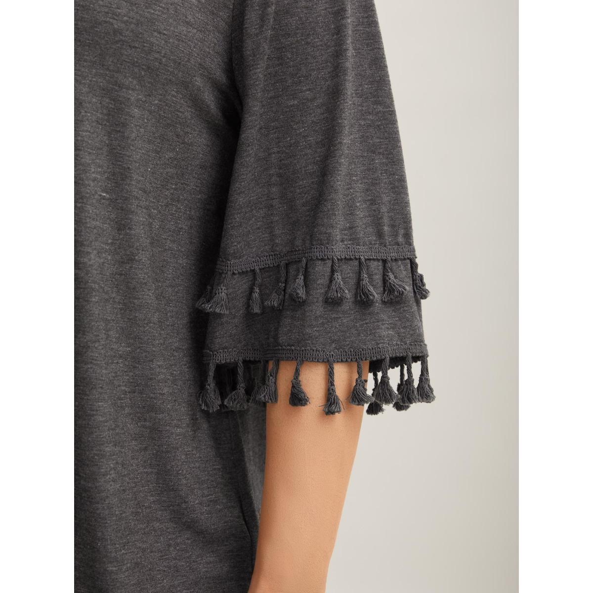 Plus Size Tassel Sleeve V-Neck Plain T-Shirt DimGray Women Casual Tassels V-neck Everyday T-shirts BloomChic 12/L Product Image