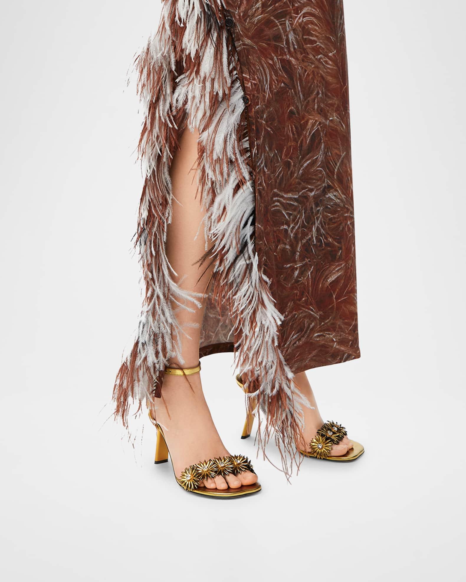 Crystal Flower Metallic Leather Ankle-Strap Sandals Product Image