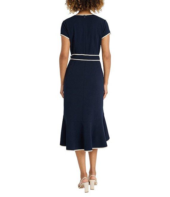 Maggy London Scuba Crepe Contrast Trim V-Neck Short Sleeve Tie Front Wrap Midi Dress Product Image
