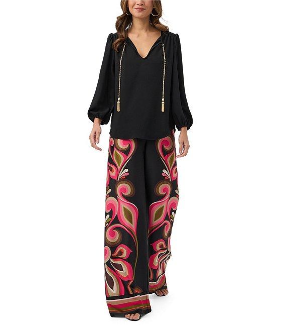 Trina Turk Morabi Georgette V-Neck 3/4 Sleeve Chain Tassel Top Product Image