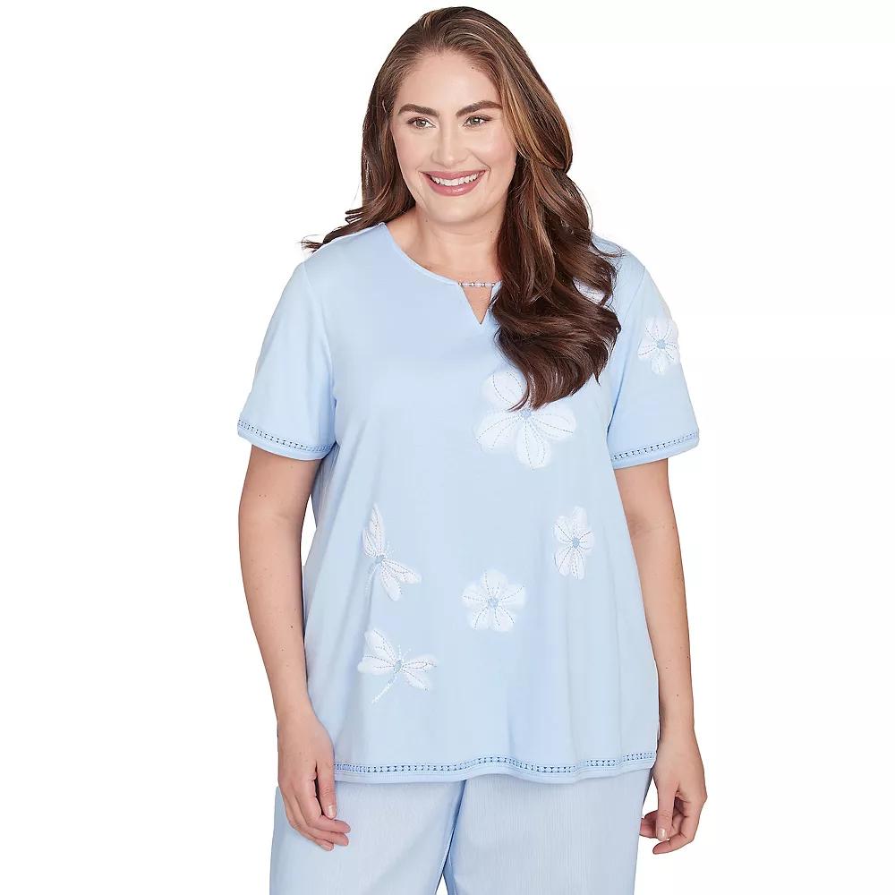 Plus Size Alfred Dunner Dragonfly Flower Applique Tee, Women's, Size: 3XL, Skyblue Product Image
