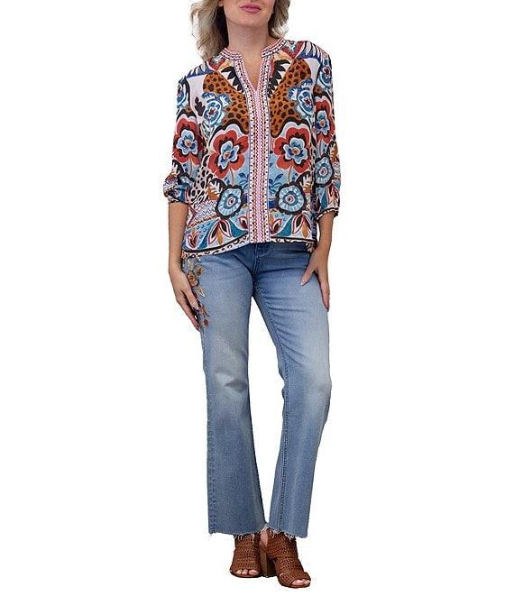 Karyn Seo Ziggy Floral Embroidered Notch V-Neck 3/4 Sleeve Blouse Product Image