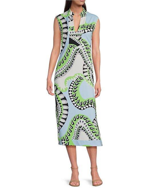 Jude Connally Kristen Mod Kaleidoscope Pool Print Jude Cloth Stretch Knit Wrinkle-Free Split V-Neck Sleeveless A-Line Midi Dress Product Image