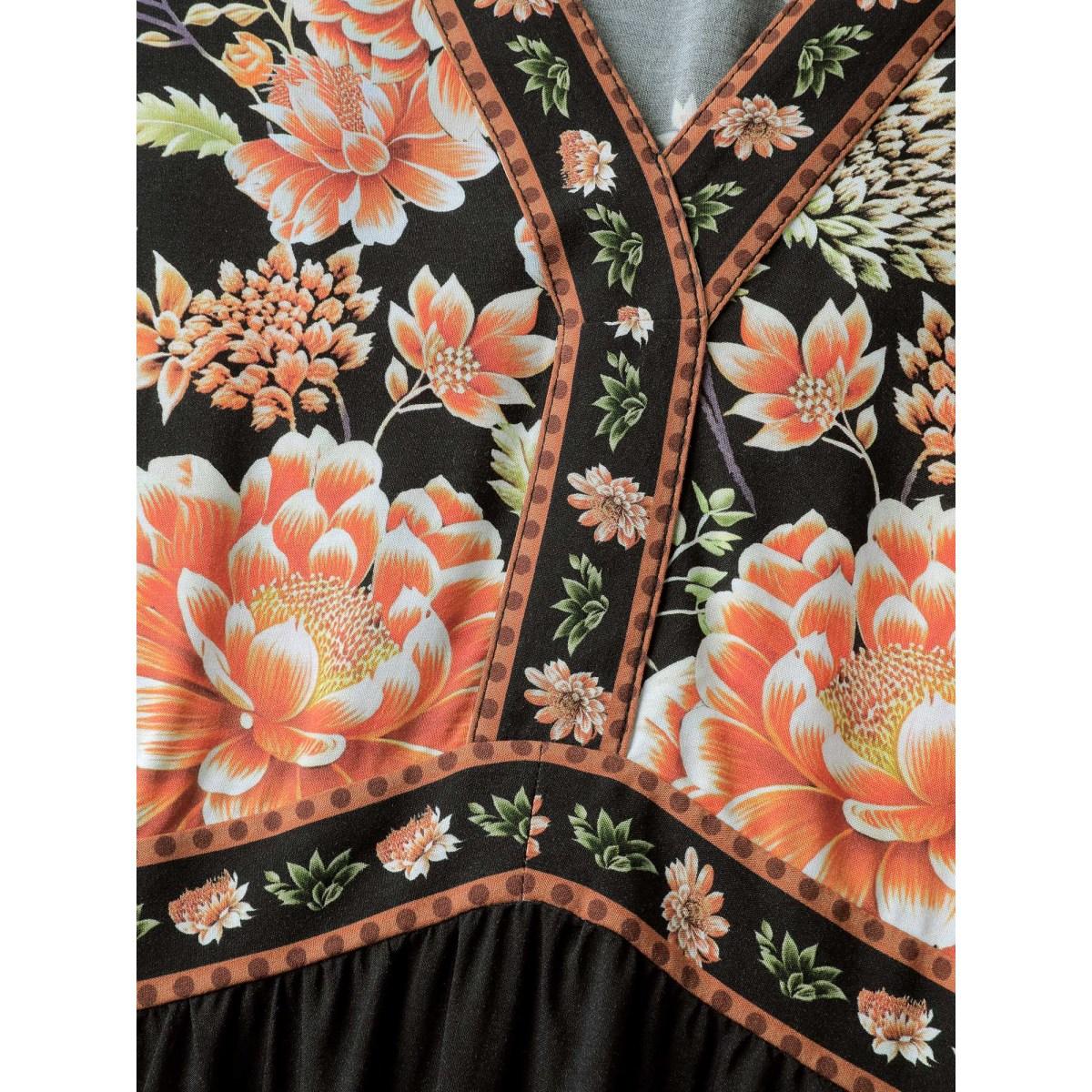 Plus Size Rayon Floral Print Contrast V-Neck Midi Dress Black Women Boho Gathered V-neck Elbow-length sleeve Curvy BloomChic 12/L Product Image