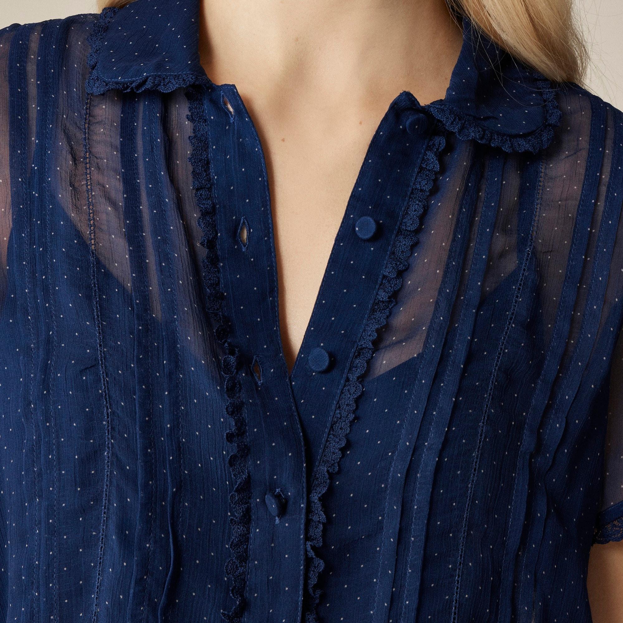 Sheer lace-trim button-up shirt in dot crinkle chiffon Product Image