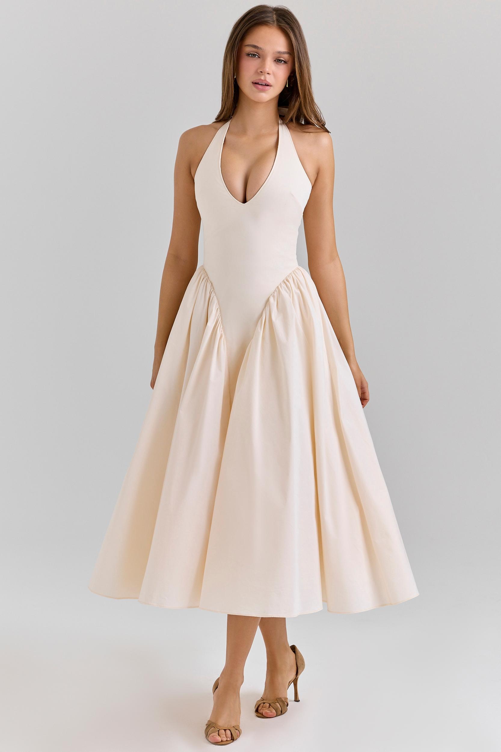 Marilyn  ecru stretch cotton midi sundress Product Image