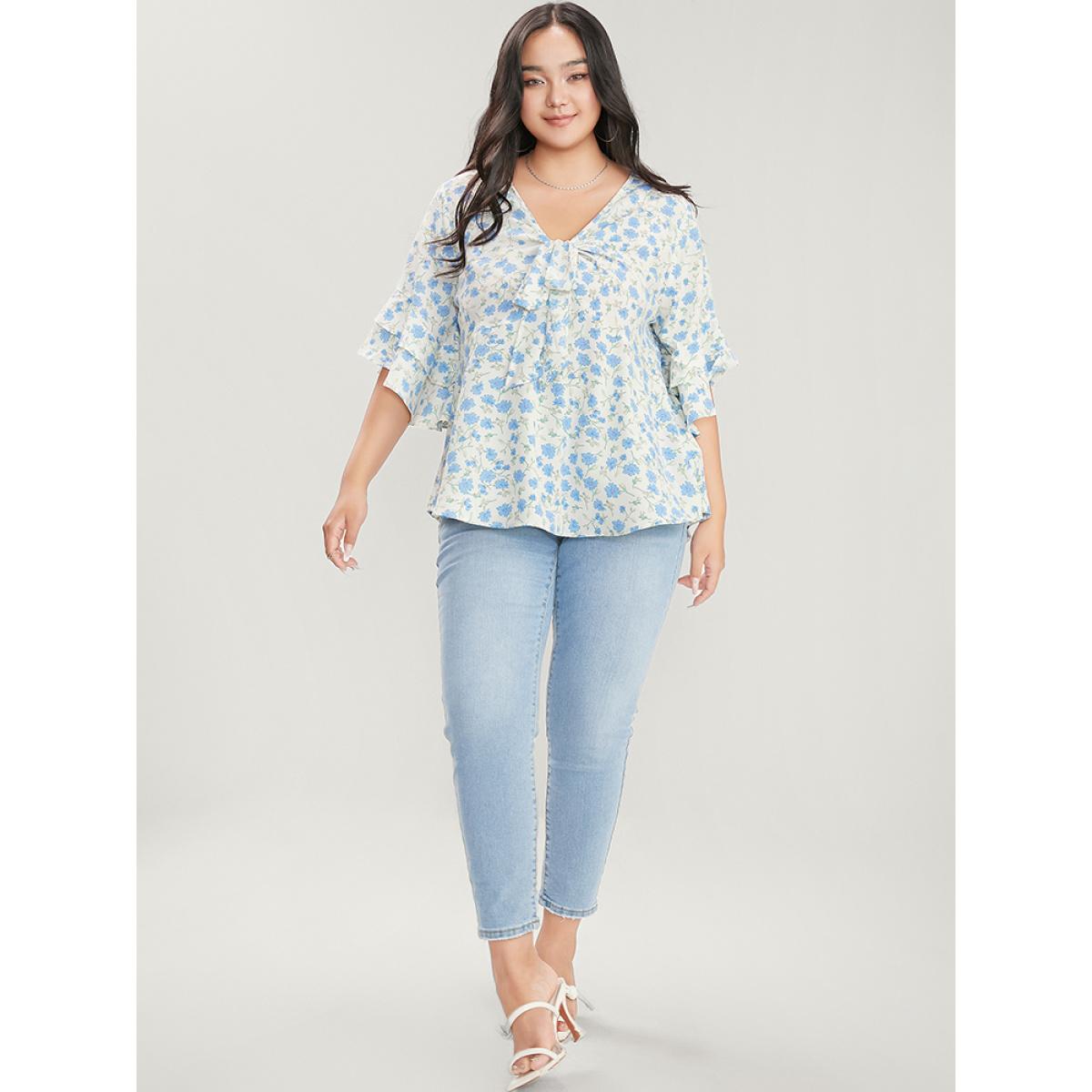 Plus Size White Floral Printed Knotted Front V Neck Ruffle Sleeve Blouse Women Elegant Elbow-length sleeve V-neck Dailywear Blouses BloomChic 26/4X Product Image