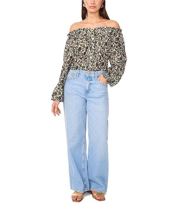 Vince Camuto Printed Off-The-Shoulder Long Sleeve Button Front Blouse Product Image