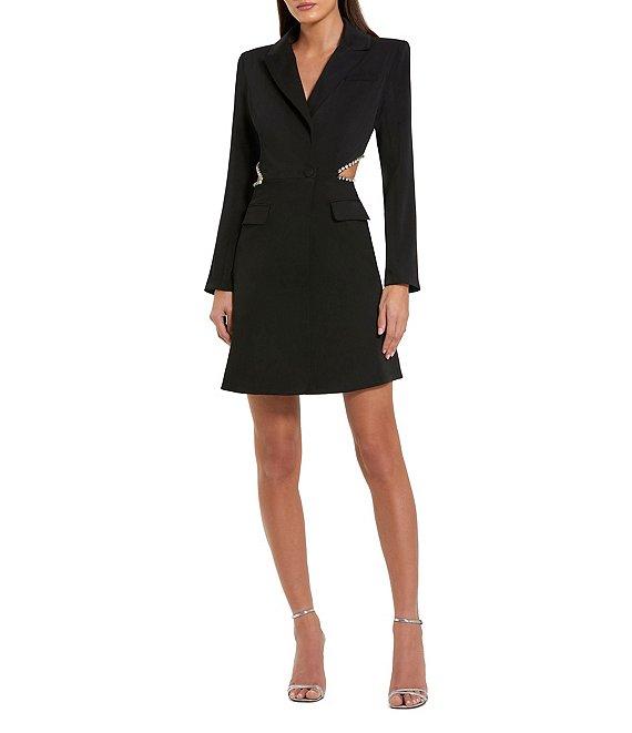Mac Duggal Crepe Notch Collar Long Sleeves Rhinestone Open Back Cut-Out Tuxedo Mini Dress Product Image