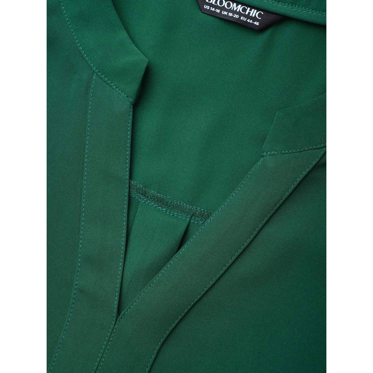 Plus Size DarkGreen Solid Textured Notched Collar Pleated Blouse Women Elegant Long Sleeve Flat collar with V-notch Everyday Blouses BloomChic 26/4X Product Image