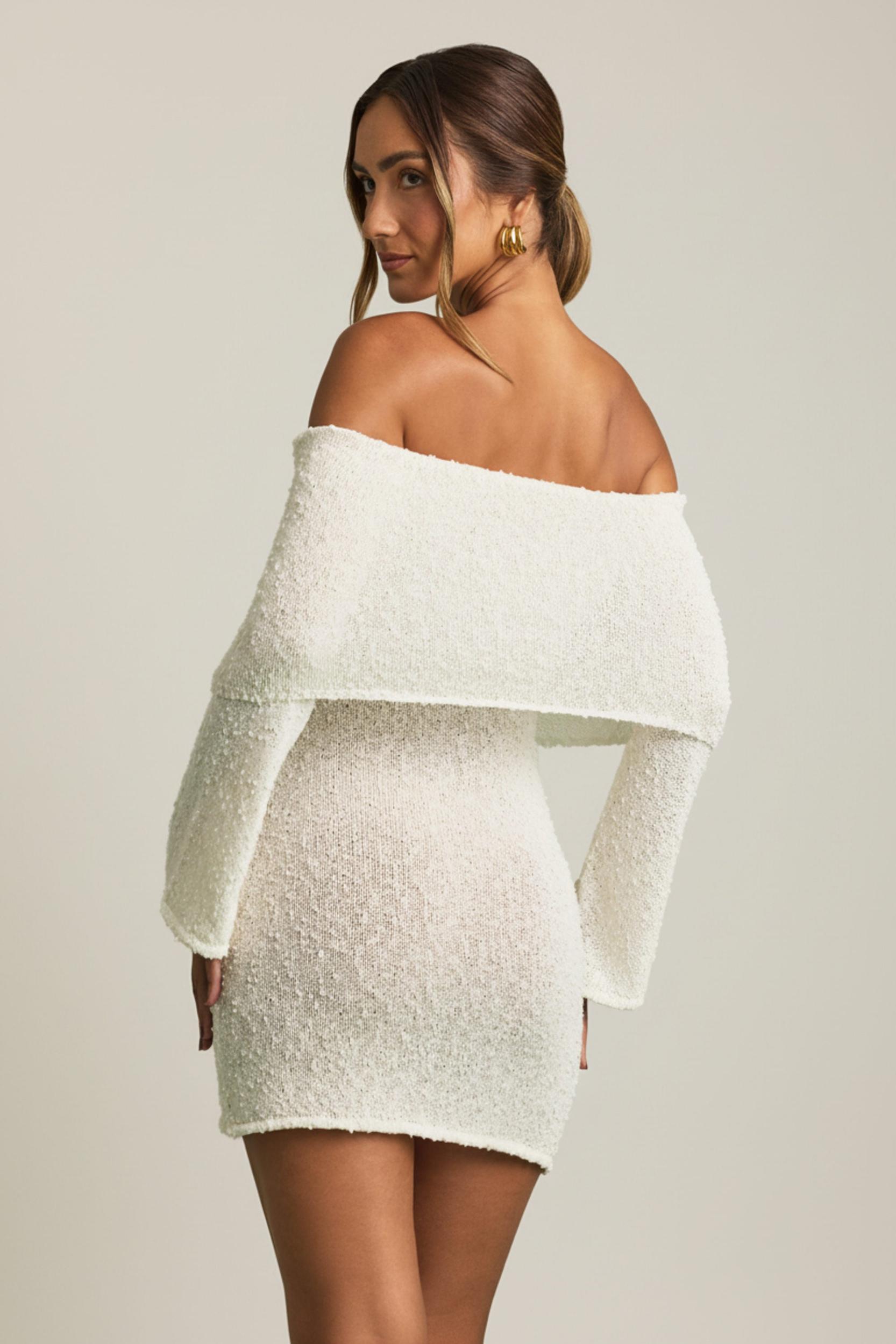 Bouclé Off-Shoulder Mini Dress in White Product Image