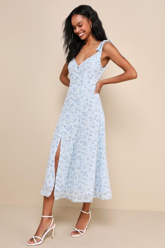 Charismatic Persona Light Blue Floral Tie-Strap Midi Dress Product Image