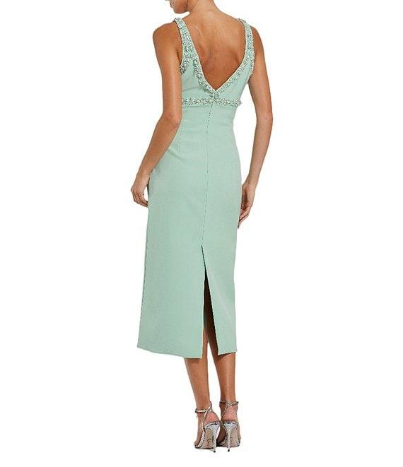 Mac Duggal Double V-Neck Bow Front Beaded Trim Sheath Crepe Midi Dress Product Image