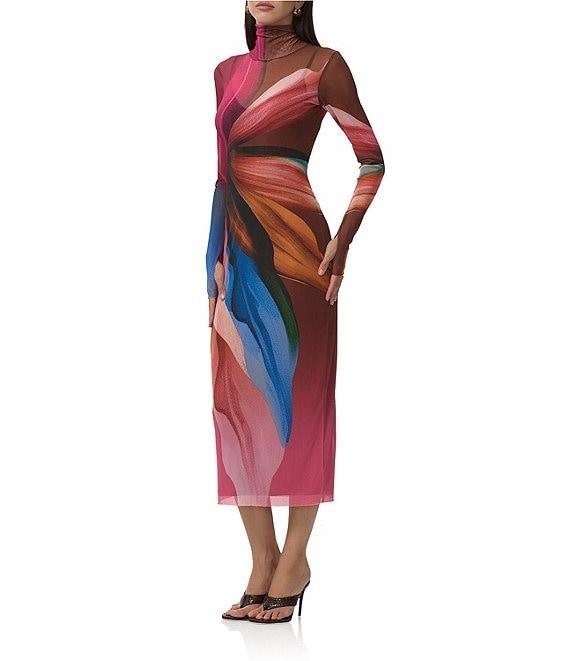 AFRM Shailene Lotus Leaf Print Turtleneck Long Sleeve Mesh Midi Dress Product Image