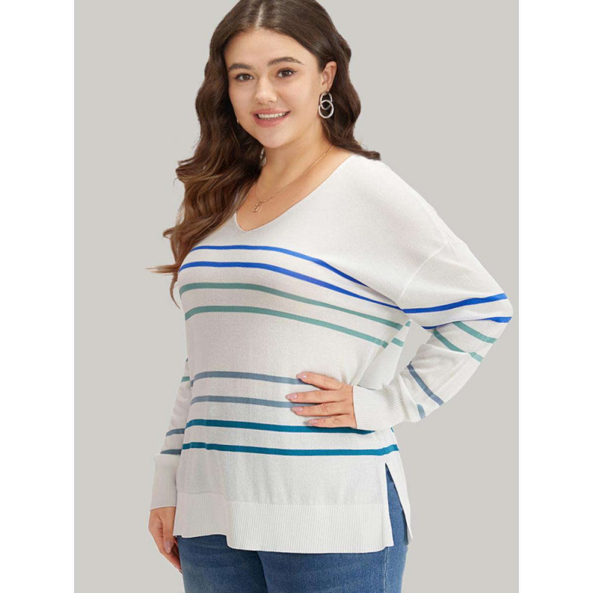 Plus Size Striped V Neck Split Hem Pullover White Women Casual Loose Long Sleeve V-neck Everyday Pullovers BloomChic 22-24/3X Product Image