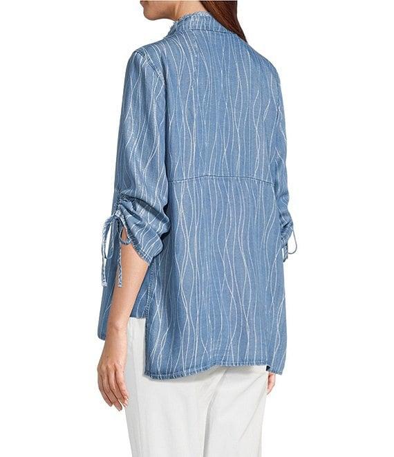 Multiples Petite Size Slub Woven Printed Stand Collar 3/4 Drawstring Sleeve Hi-Low Hem Button Front Shirt Product Image