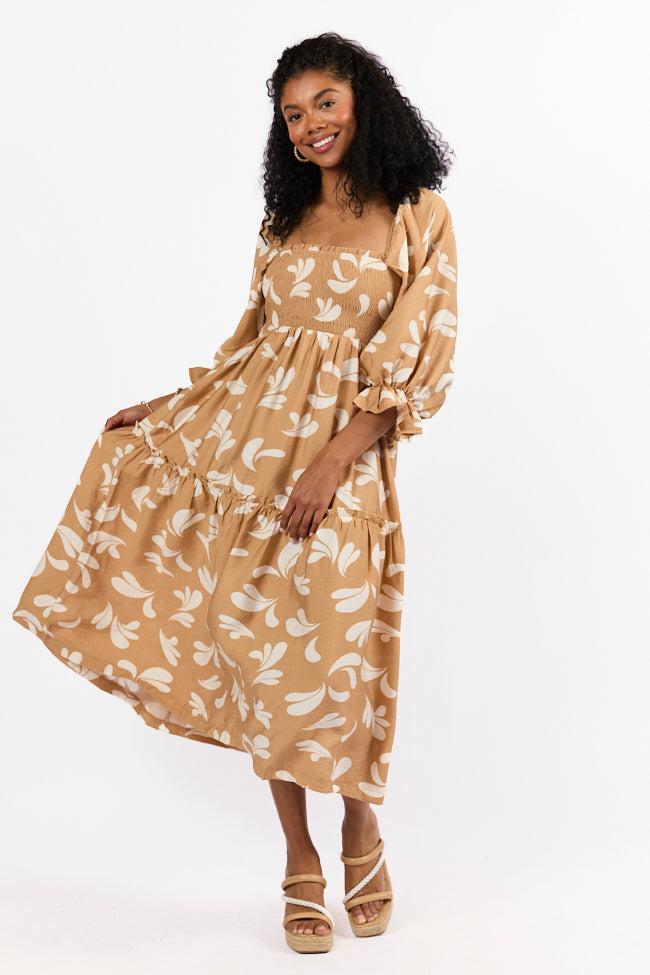Swing Of Things Neutral Printed Smocked Midi Dress Product Image